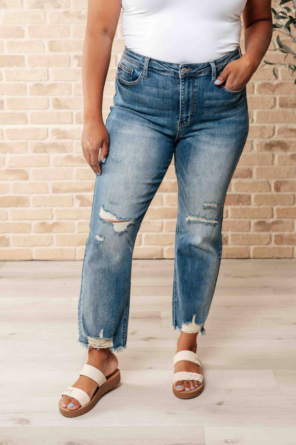 Judy Blue - Women's High Waist Distressed Crop Straight Leg Jeans
