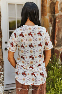 Lucky & Blessed - Vintage Rodeo Cowboy & Horseshoe All-over Print Western Pocket Tee