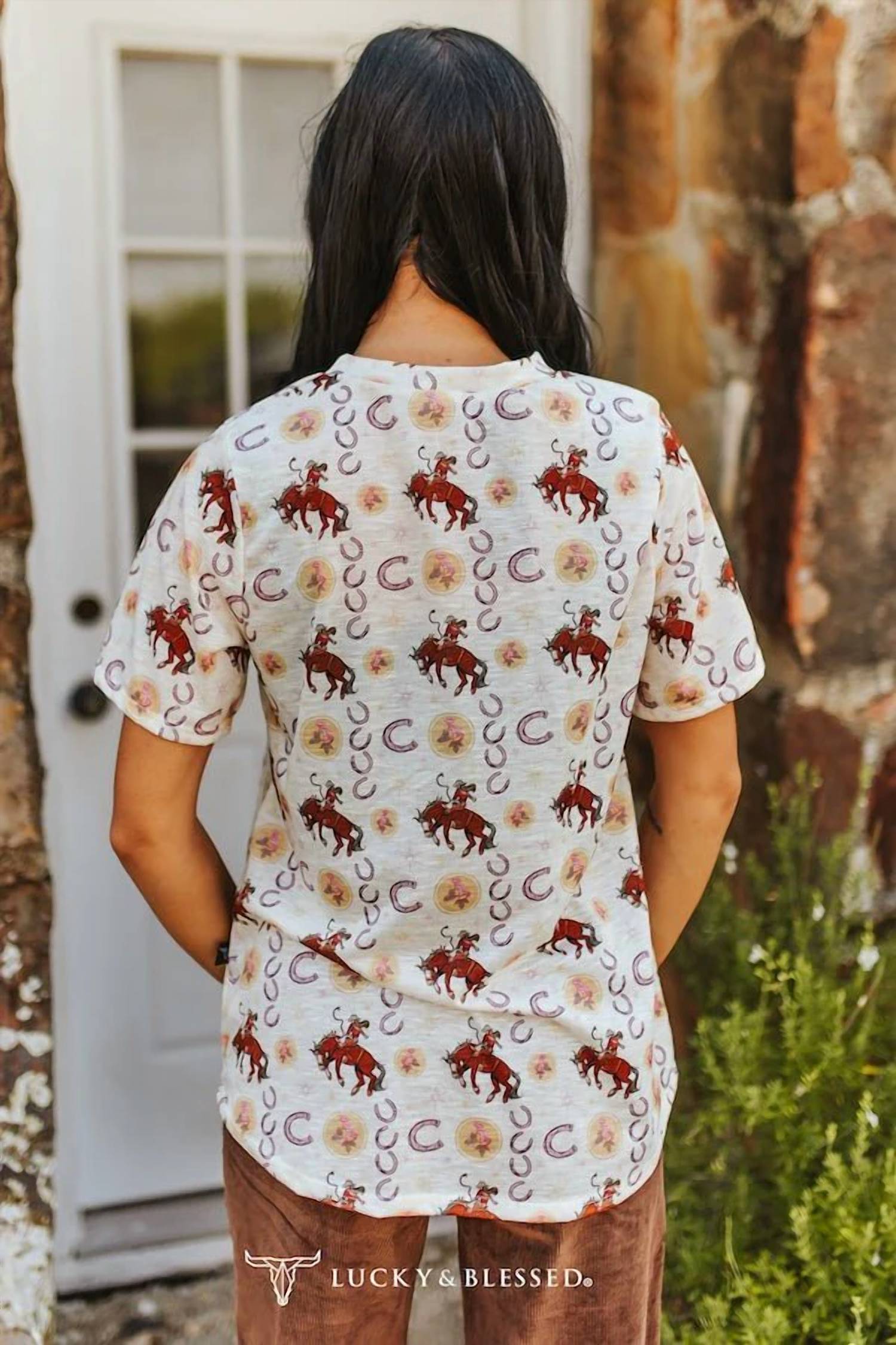 Lucky & Blessed - Vintage Rodeo Cowboy & Horseshoe All-over Print Western Pocket Tee