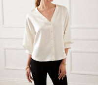 Karen Kane Lantern Sleeve Crystal Rhinestone Button Satin Top - Petite in cream - women's blouse - view 4