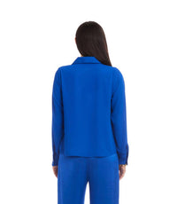 Karen Kane Long Sleeve Collared Cowl Neck Top in sapphire blue - women's blouse - alternate view