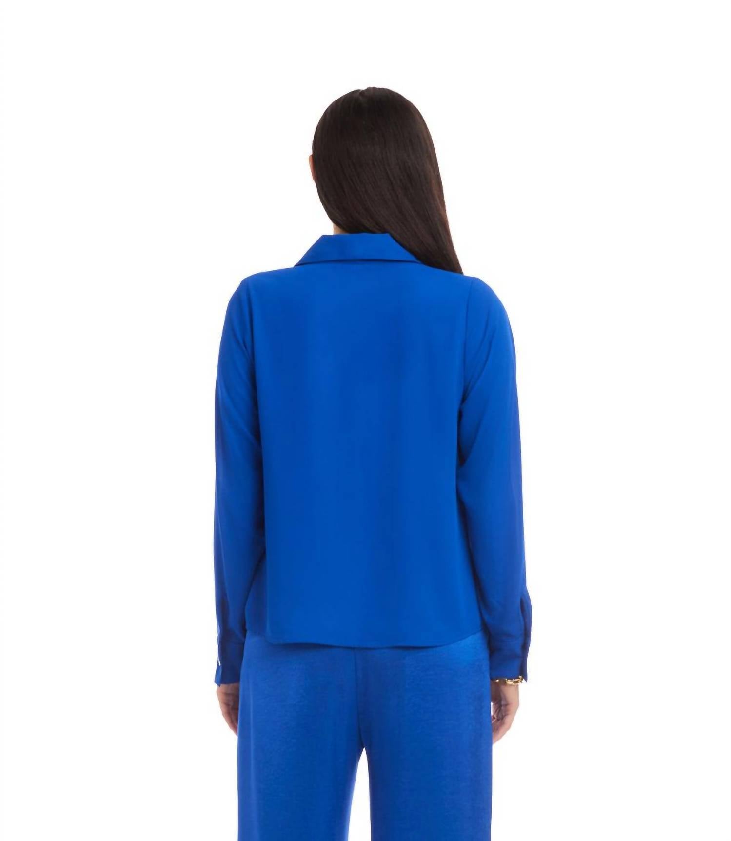 Karen Kane Long Sleeve Collared Cowl Neck Top in sapphire blue - women's blouse - alternate view