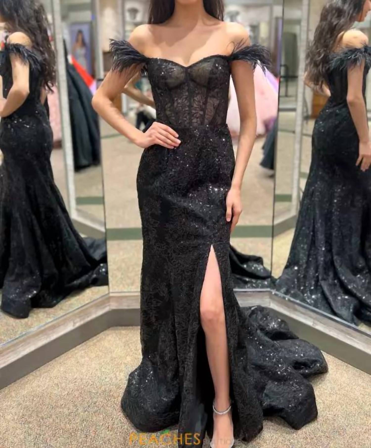 Sherri Hill Fitted Lace Gown With Off The Shoulder in black - women's dress