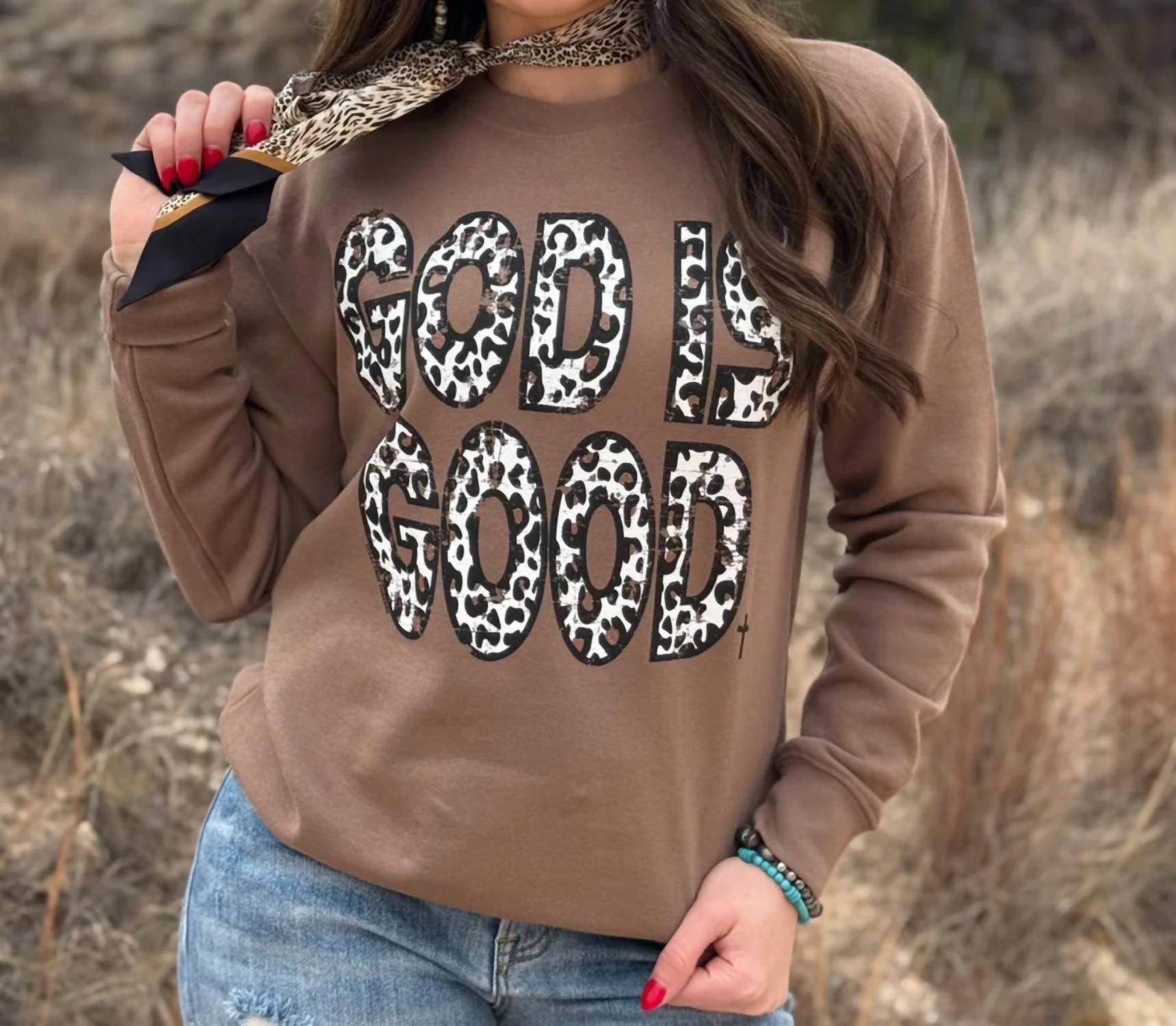 Texas True Threads - God Is Good Leopard Sweatshirt