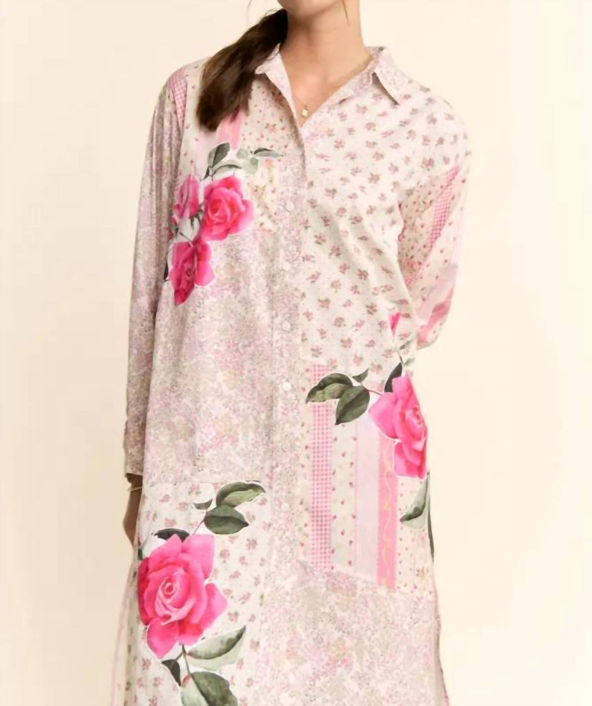 Davi & Dani - Women's Printed Flower Patched Maxi Duster Shirt Top