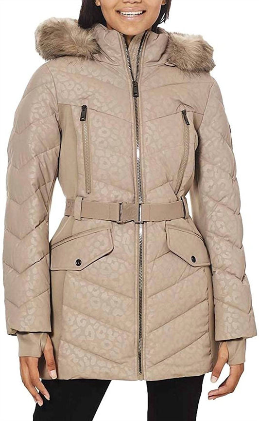 Logo Leopard Belted Hood Puffer Coat