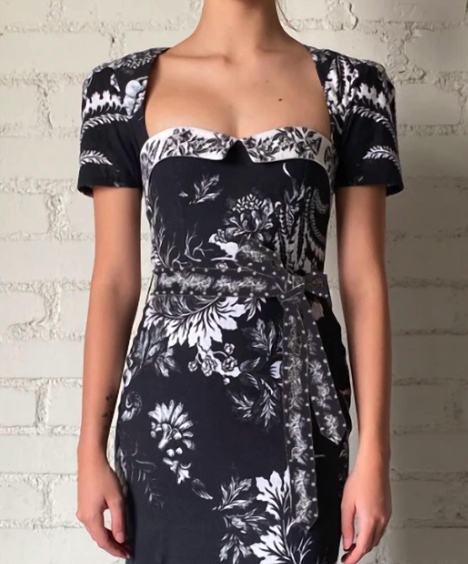 HEMANT & NANDITA Dea Tie Up Belt Midi Dress in black white - women's dress - detail view