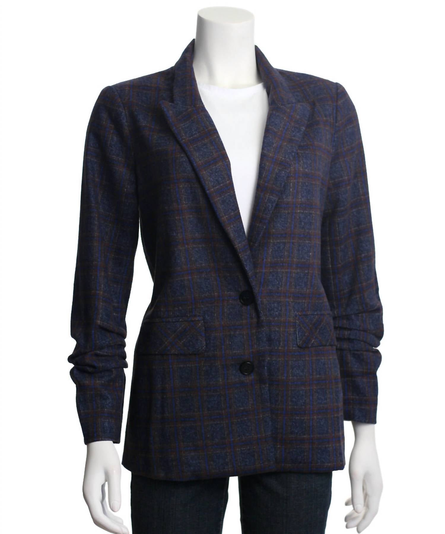 Skies Are Blue - Women's Ruched Sleeves Plaid Blazer