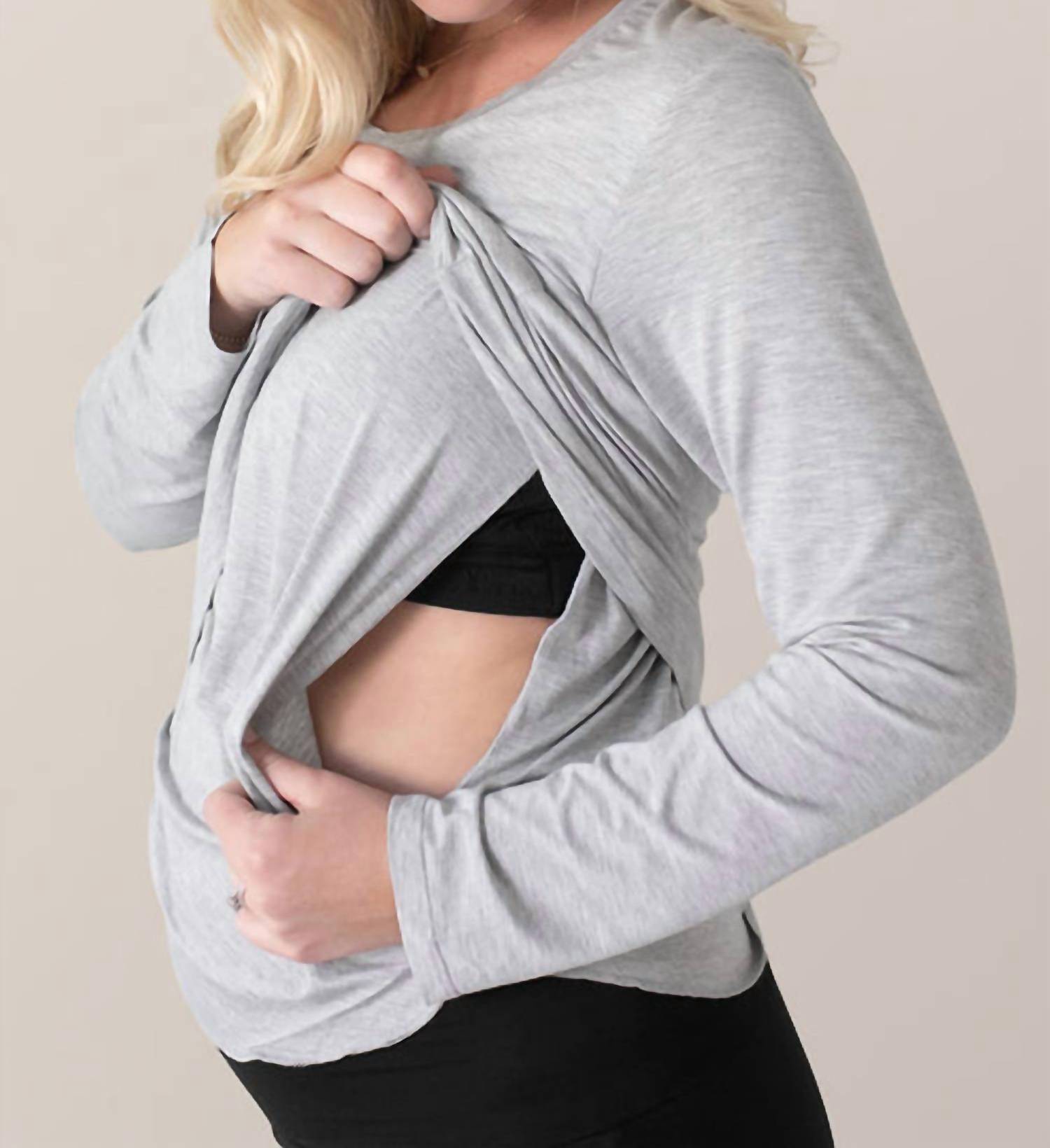 Kindred Bravely Bamboo Nursing And Maternity Long Sleeve T-shirt in grey heather - women's long sleeve top - alternate view