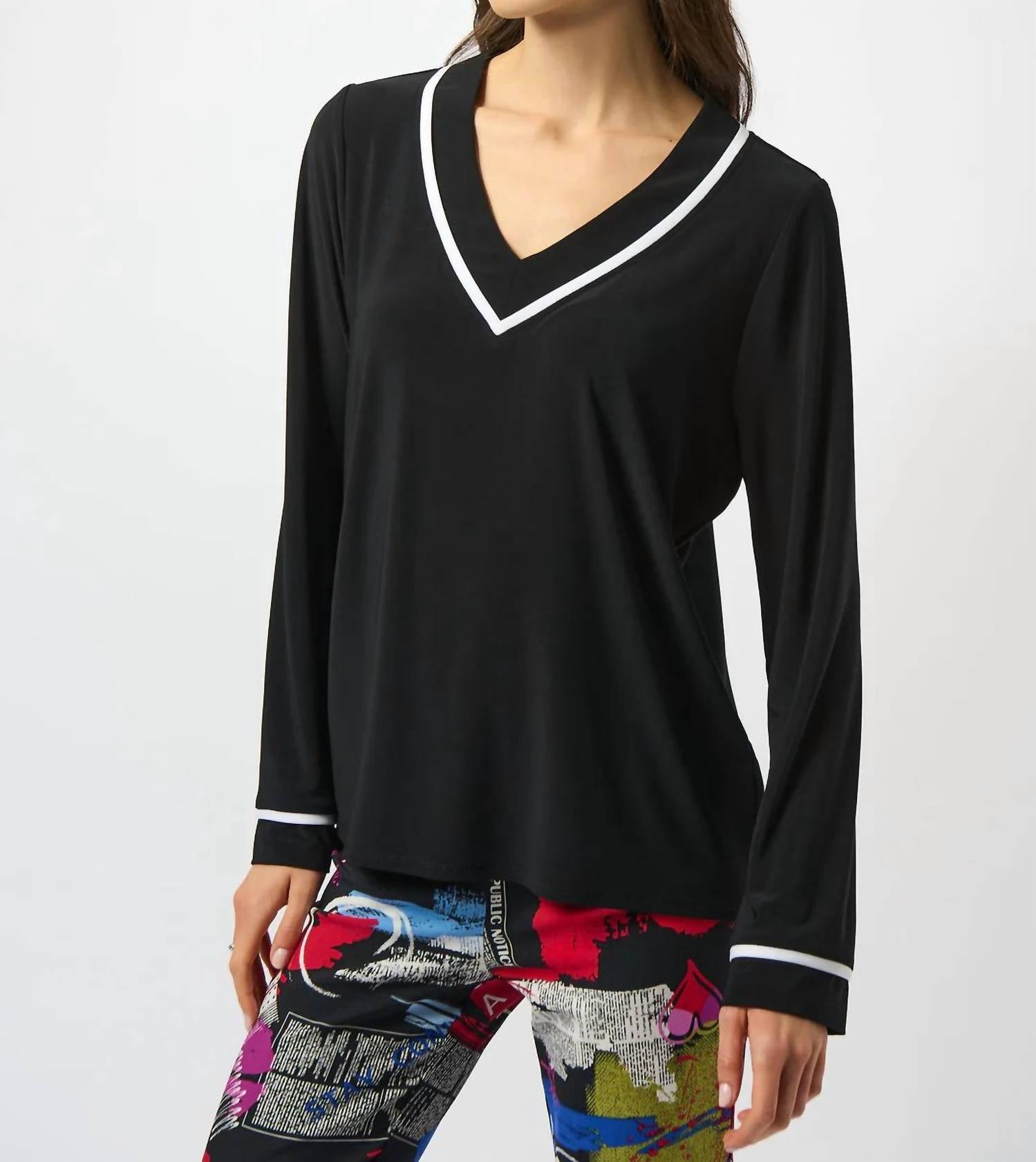 Joseph Ribkoff - V-neck Contrast Trim Straight Top
