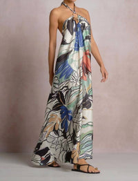 ELAN Botanical Halter Maxi Dress in blue floral - women's dress