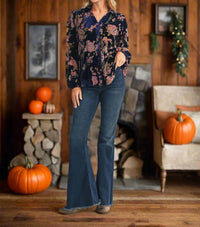 Jodifl Floral Velvet Button Down Shirt in royal blue - women's blouse - alternate view