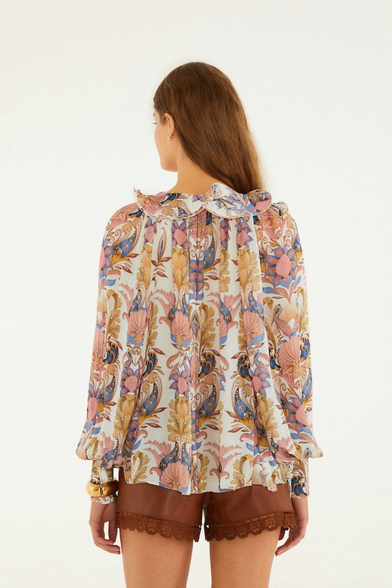 FARM RIO Sea Garden Ruffled Long Sleeve Blouse in off white - women's blouse - detail view