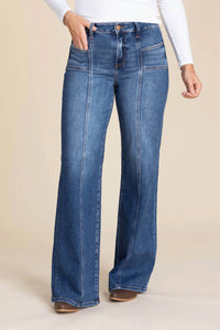 Risen - Mid Rise Front Patch Pockets Wide Jeans