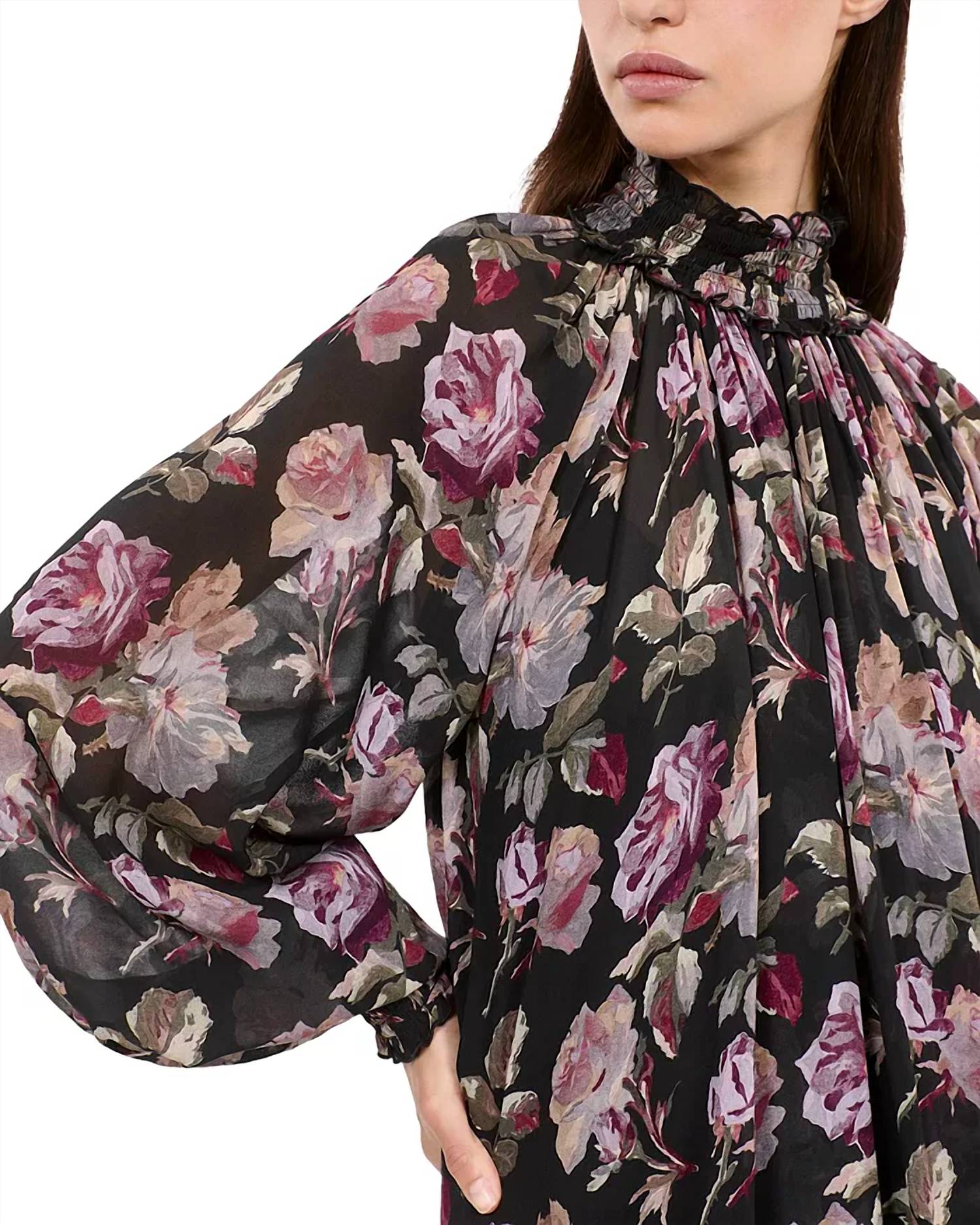 The Kooples - Floral Smocked Mock Neck Mini Dress
