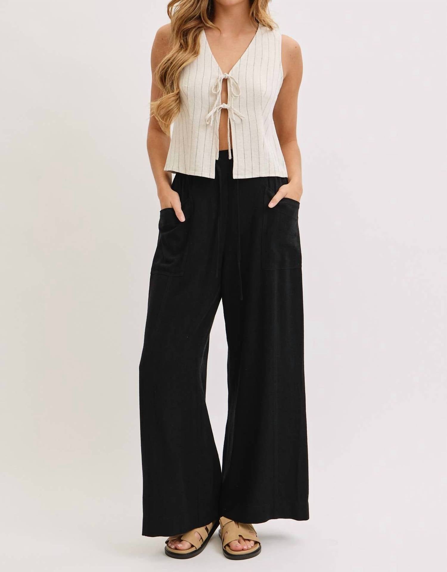 Sweet Lovely By Jen - Wide Leg Drawstring Pants With Pockets
