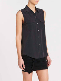 Equipment Sleeveless Slim Signature Top in true black - women's tank top - detail view