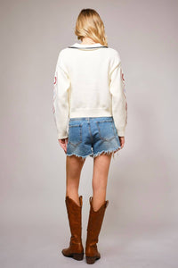 Blue B Horse Face Bow Tie Knit Cardigan in cream - women's cardigan - alternate view