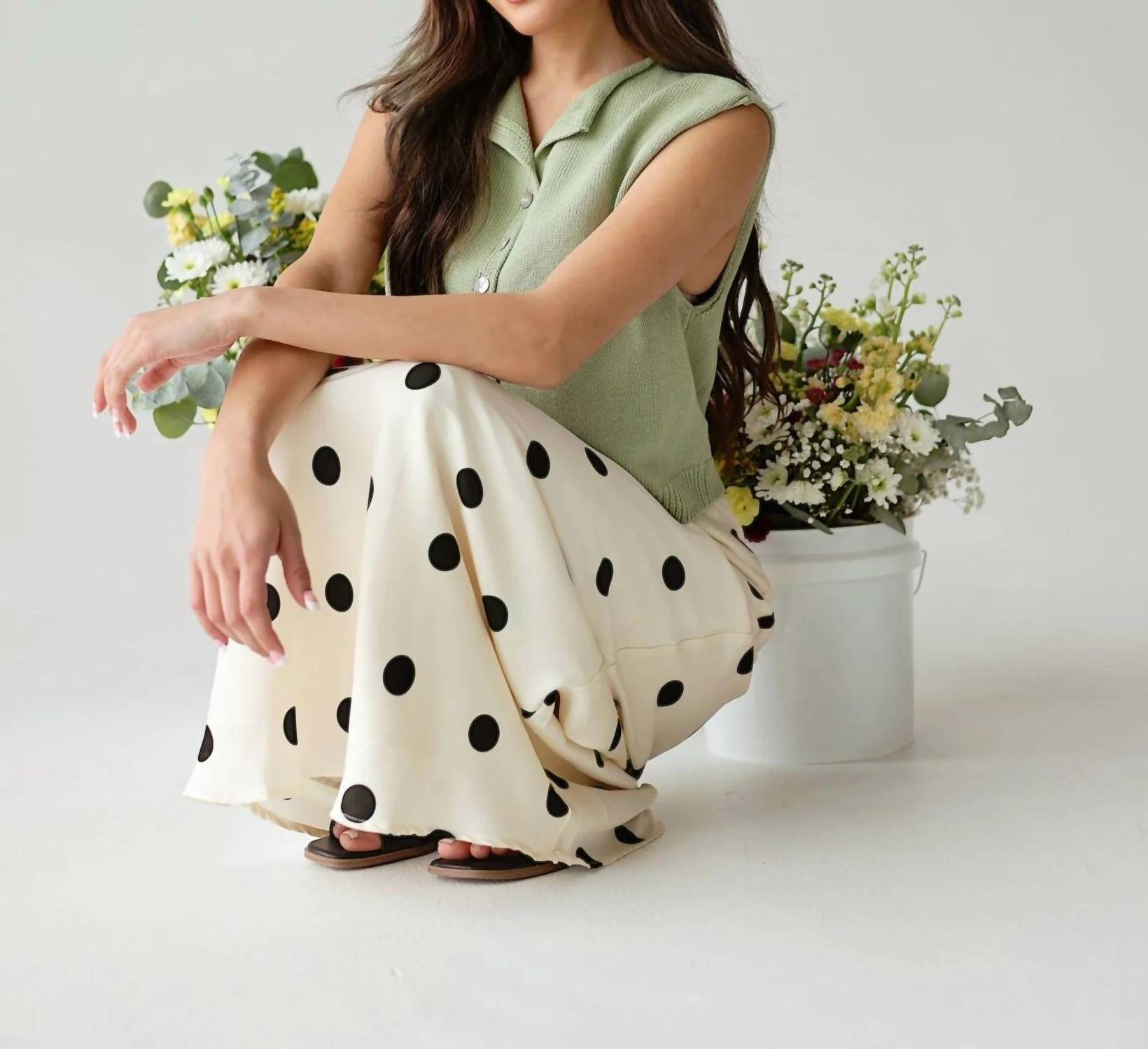 Lelis - Classic Polka Dot Satin High-waisted Maxi Skirt