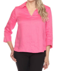 Joseph Ribkoff Collared V-neck 3/4 Sleeve Linen Top in bubble gum - women's blouse - detail view