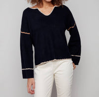 Charlie B - Ribbed V-neck Notched Soutache Sweater