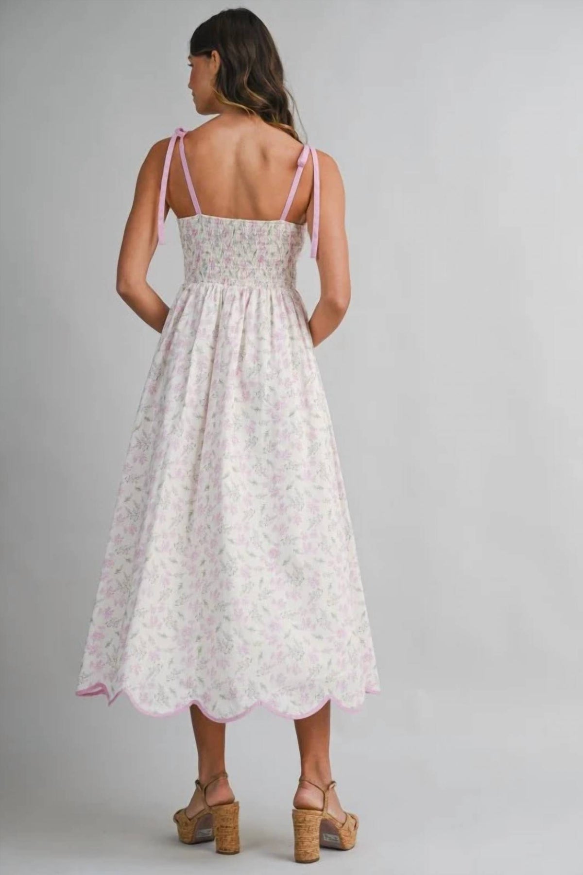 Mable - Floral Print Scallop Hem Contrast Self Tie Strap Midi Dress