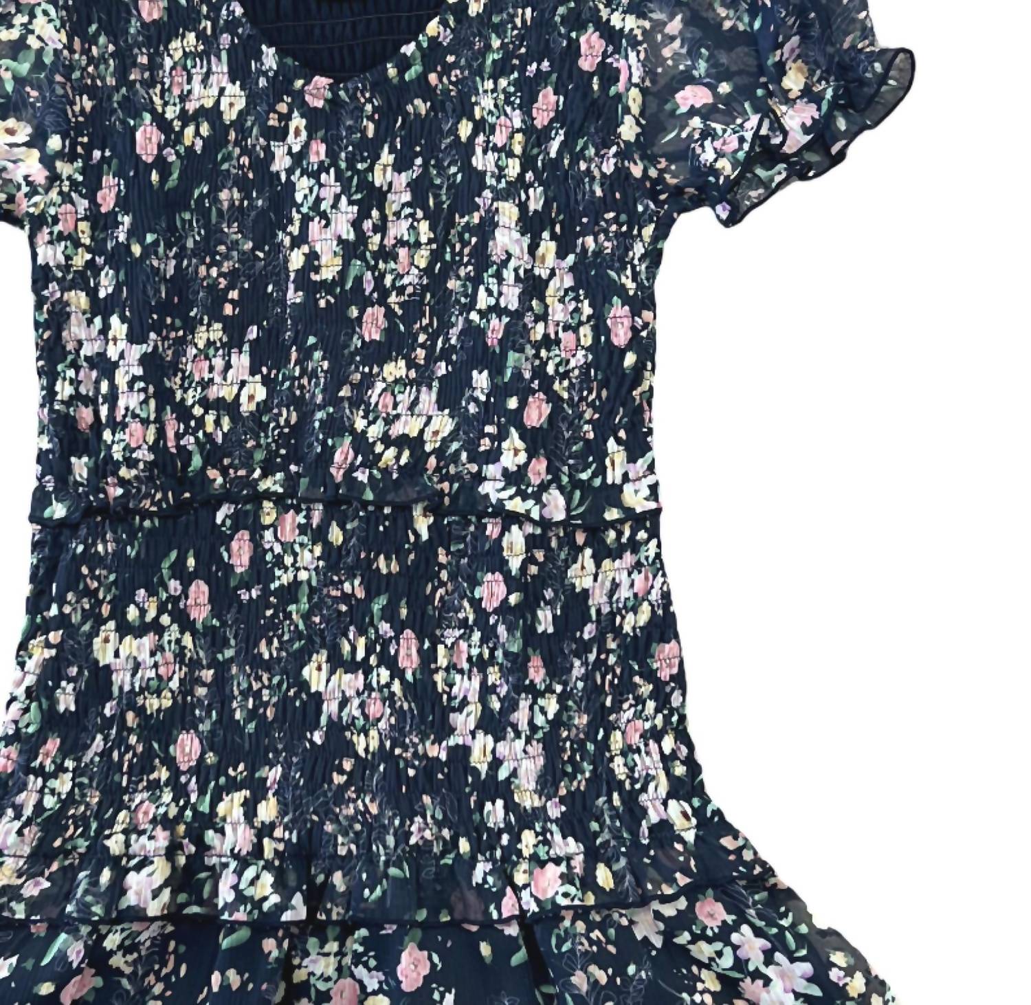 flowers by zoe Girl's Floral Chiffon Short Sleeve Dress in navy pink - kids' dress - detail view