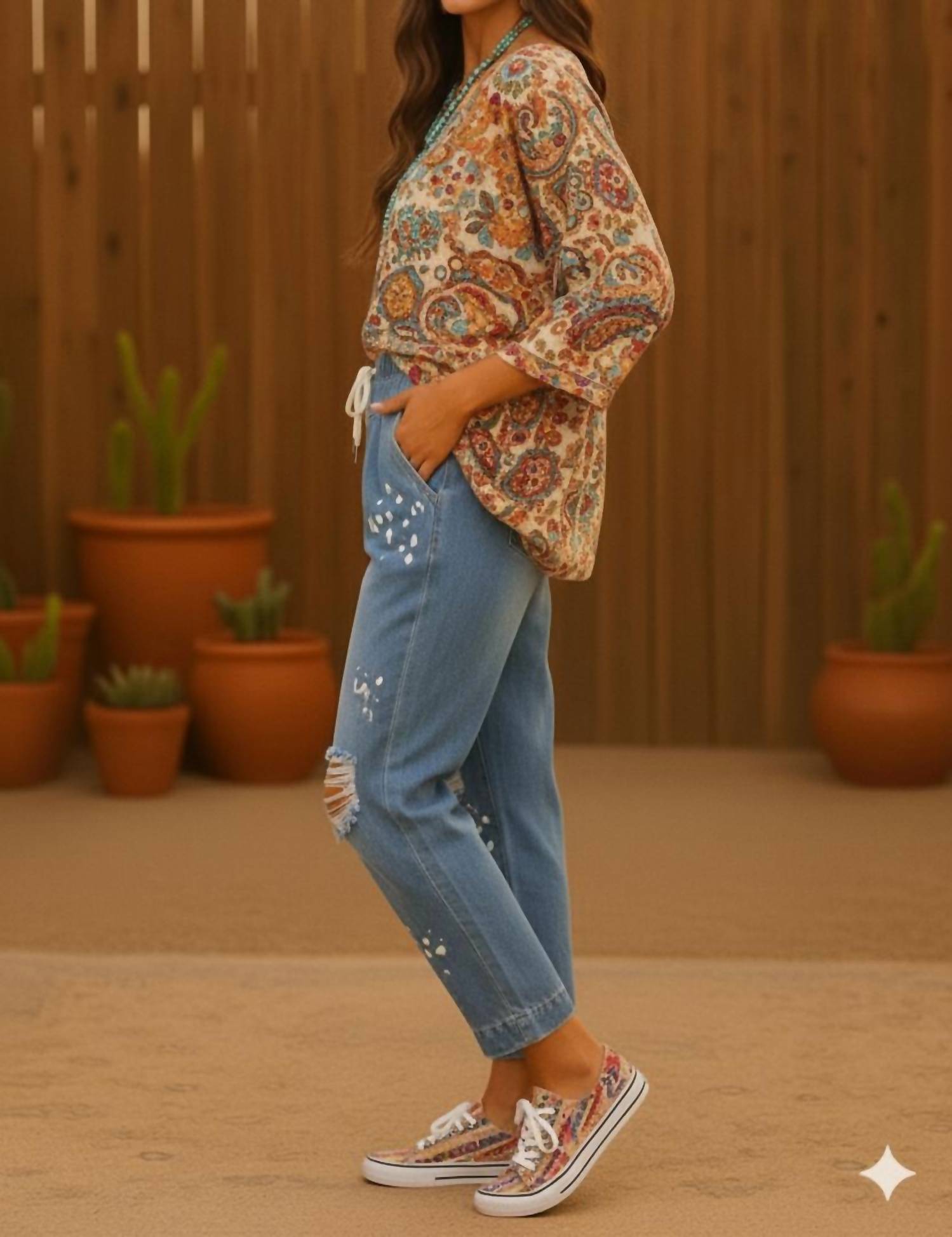 Little Secret Of Mine - Distressed Stretch Fit Balloon Paint Splash Denim Tapper Jean
