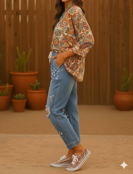 Little Secret Of Mine - Distressed Stretch Fit Balloon Paint Splash Denim Tapper Jean