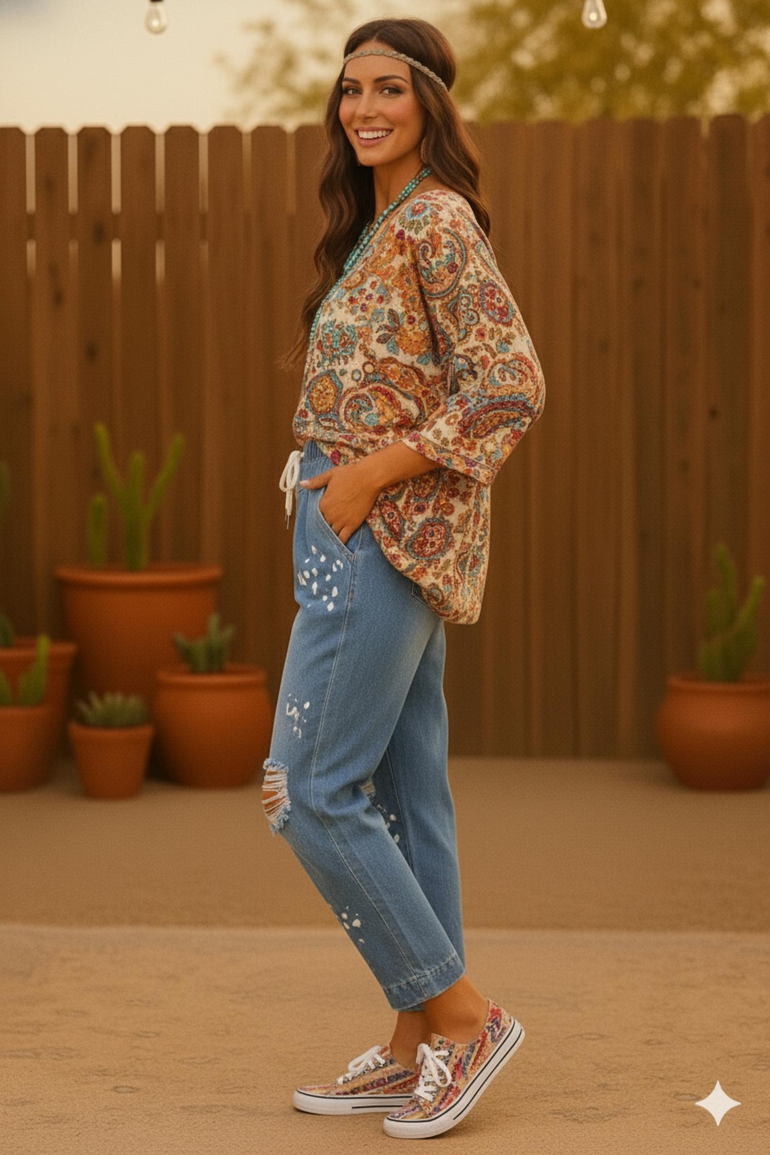 Little Secret Of Mine - Distressed Stretch Fit Balloon Paint Splash Denim Tapper Jean