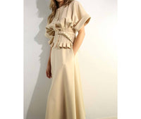 Lalavon - Pleated Waist Knit Top And Maxi Skirt Set
