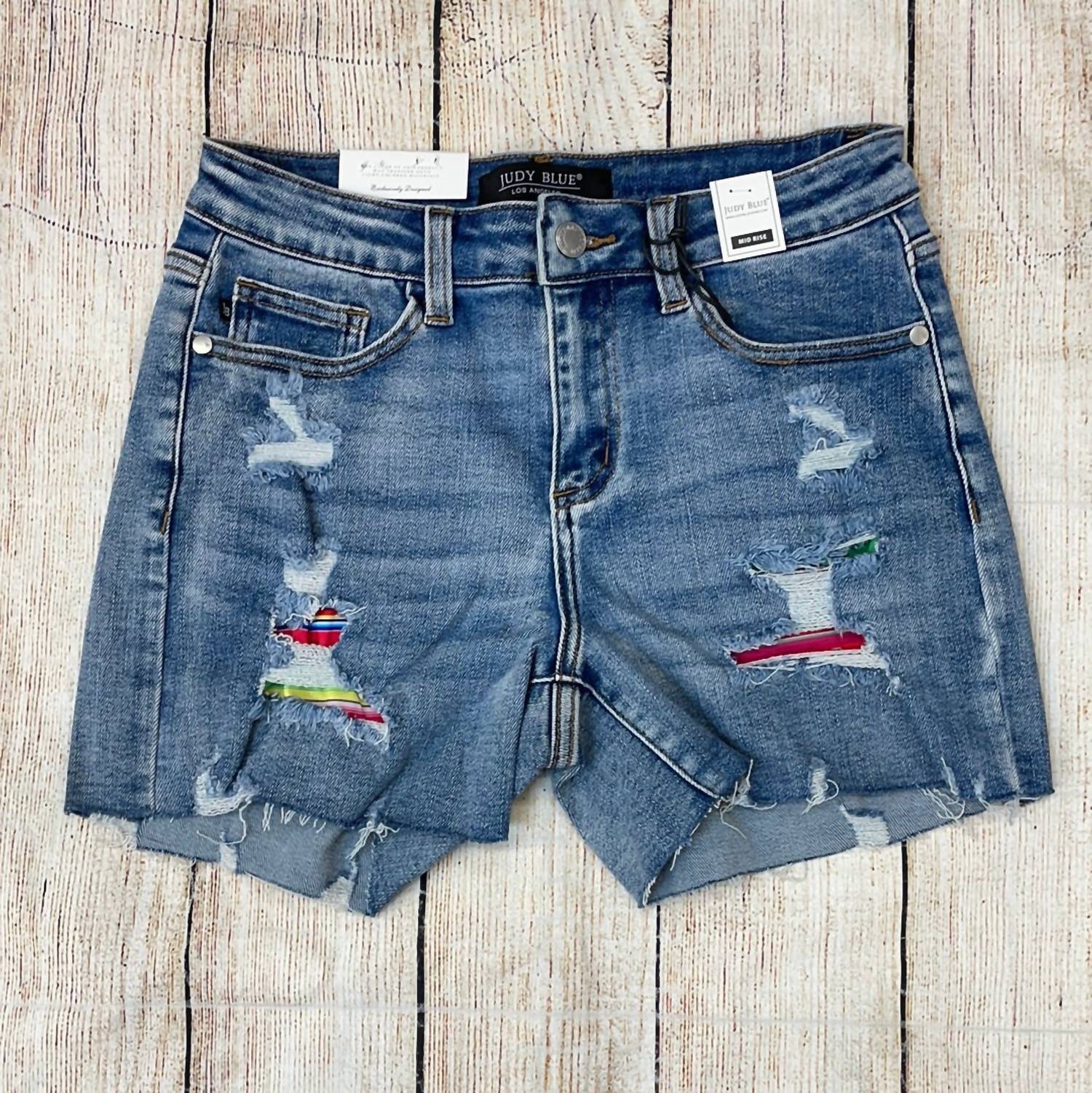 Judy Blue Women's Mid-rise Serape Patch Destroyed Shorts in blue - women's shorts