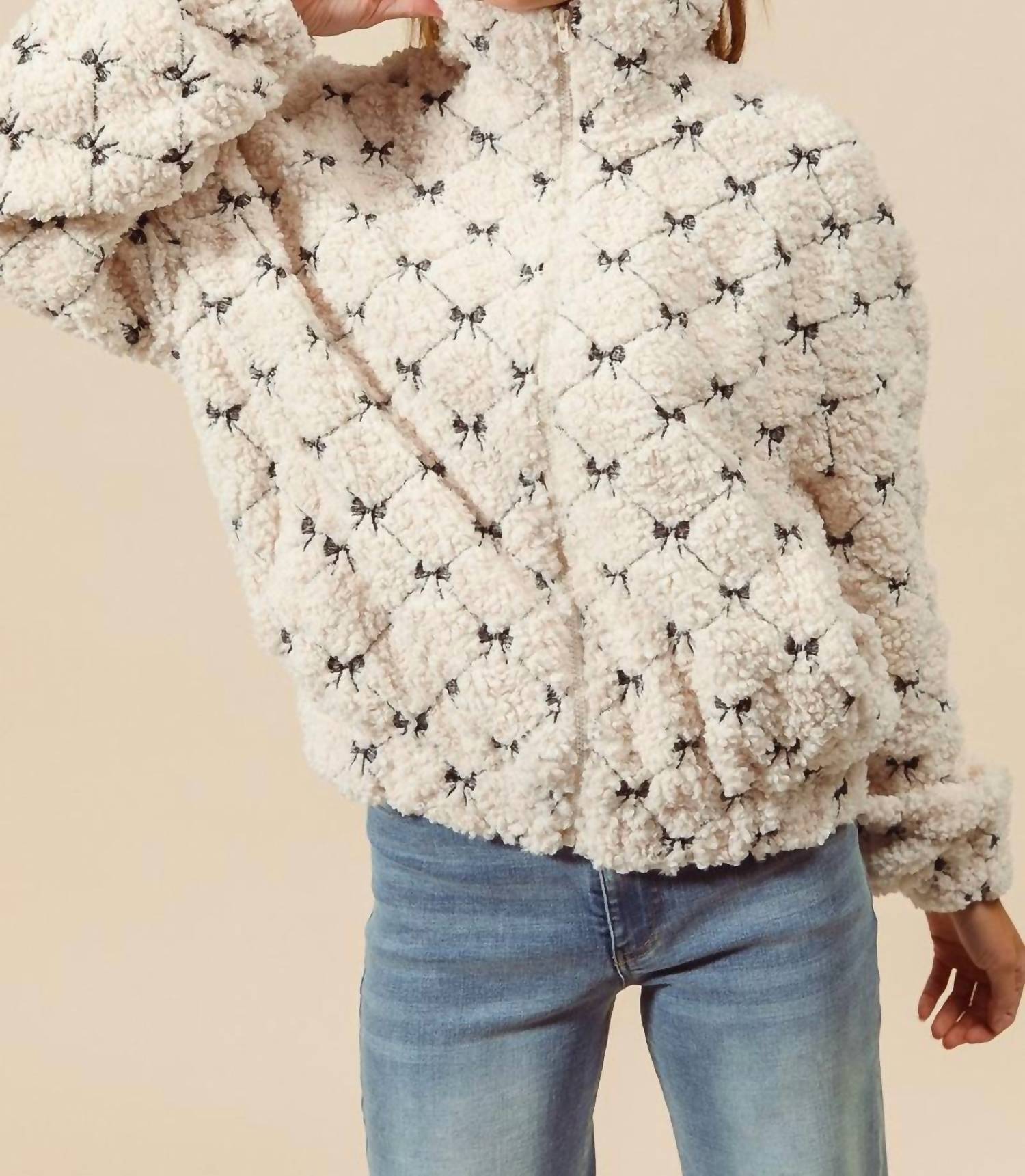So Me - Ribbon Embroidered Fleece Zip Up Front Jacket