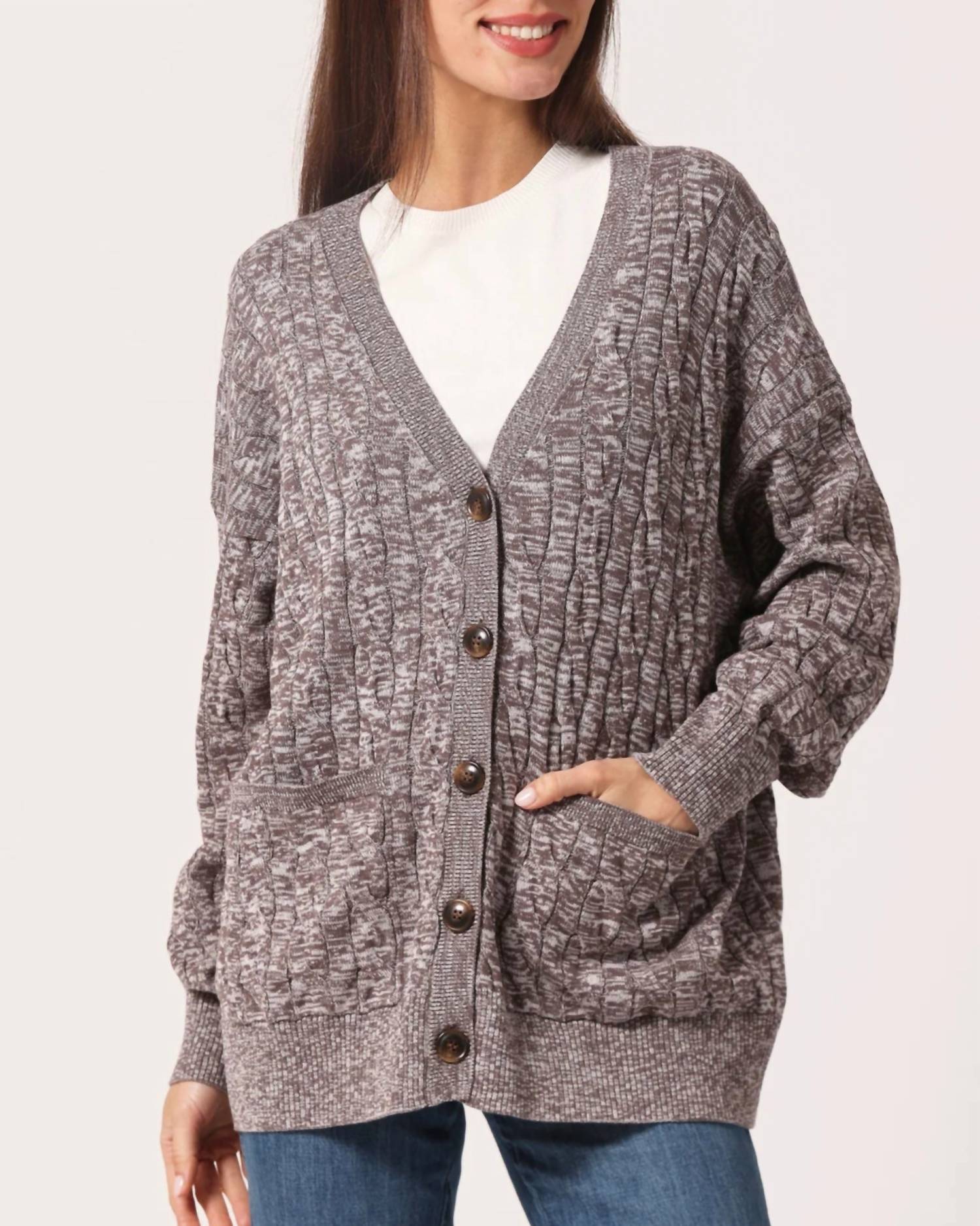 Minnie Rose - Cotton Cable Marbled V Neck Cardigan