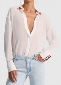 alice + olivia Dimitra Oversized Hi Lo Button Down Shirt with Trim in white - women's blouse