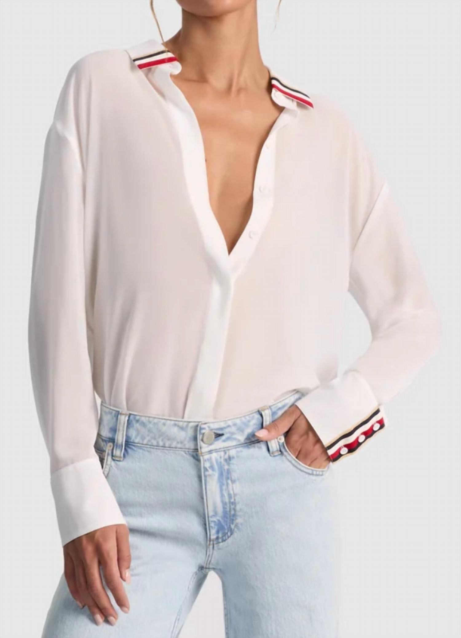 alice + olivia Dimitra Oversized Hi Lo Button Down Shirt with Trim in white - women's blouse