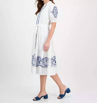 T Tahari - Short Sleeve Belted Embroidered Fit & Flare Dress