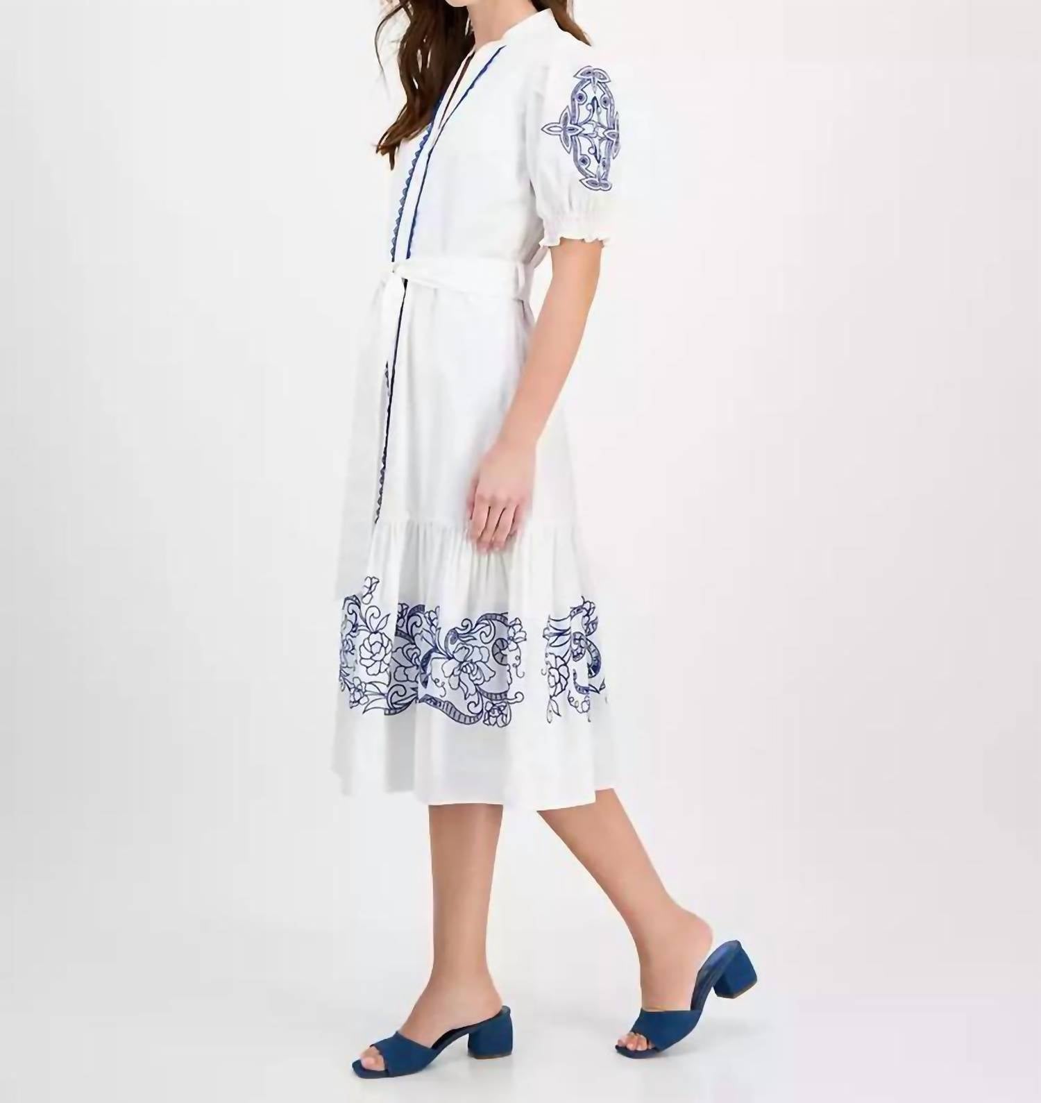 T Tahari - Short Sleeve Belted Embroidered Fit & Flare Dress