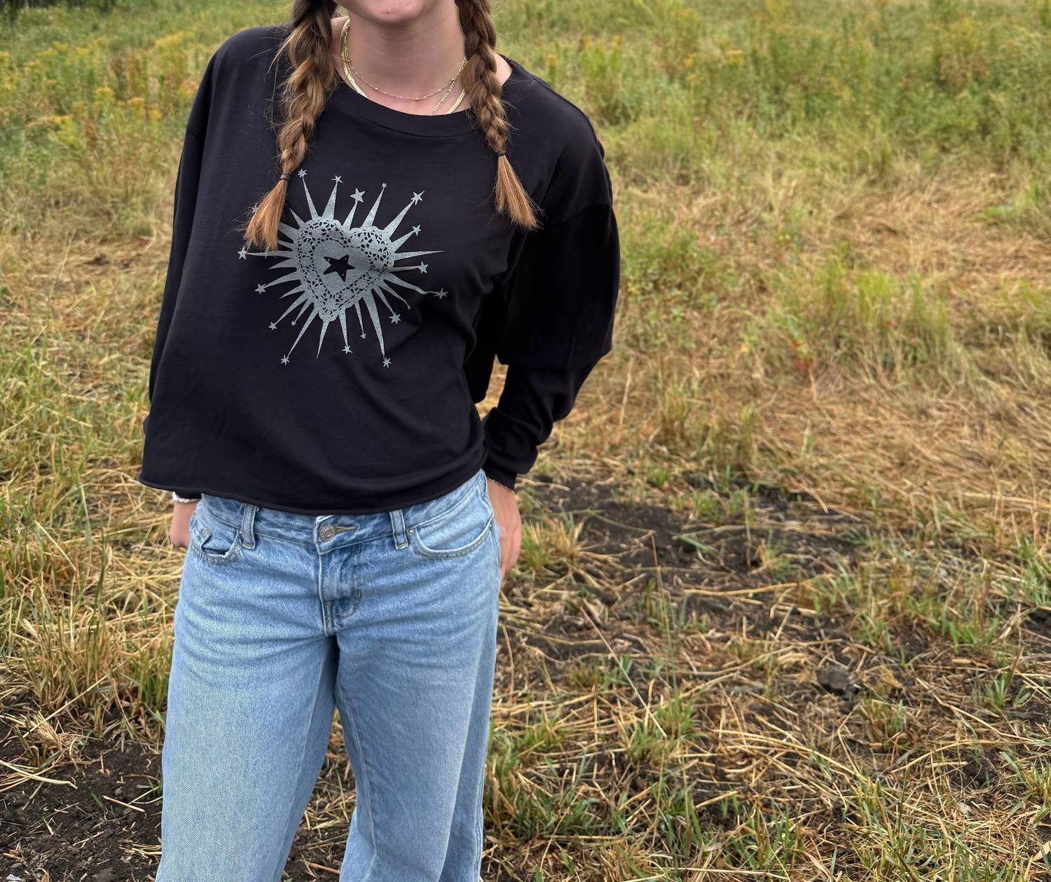 ROWDY SPROUT Girl's Lace Heart Slouch Tee in black - kids' long sleeve top