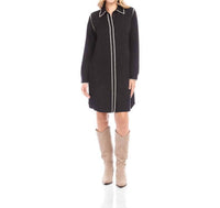 Karen Kane Long Sleeve Edge Stitch Shirtdress in black with antique cream - women's dress