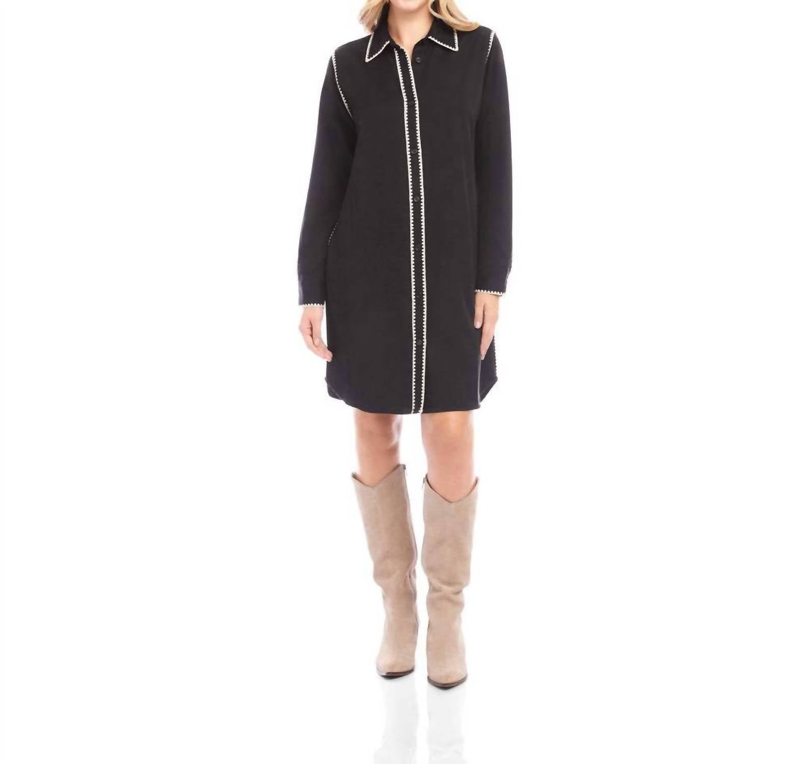 Karen Kane Long Sleeve Edge Stitch Shirtdress in black with antique cream - women's dress