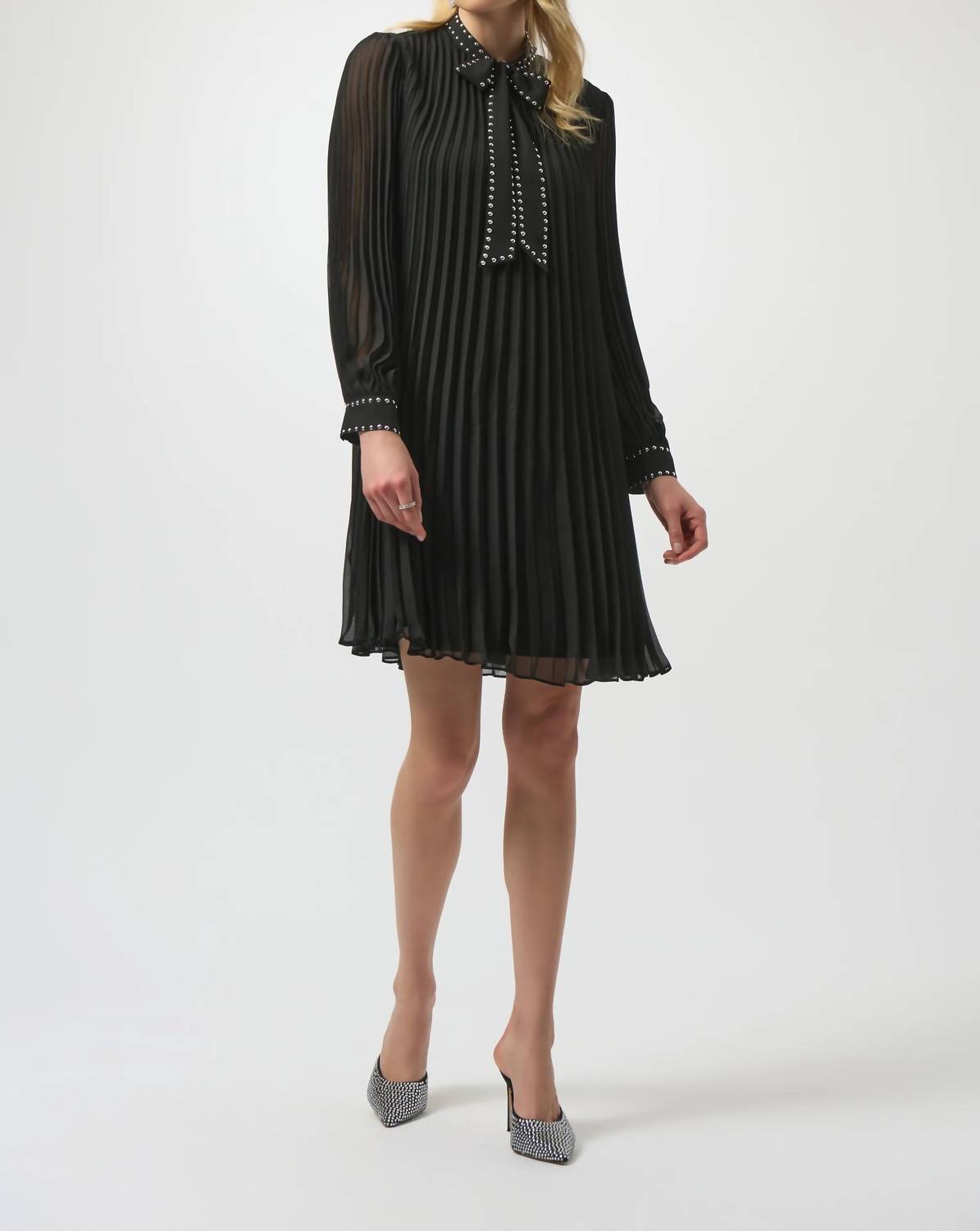 Joseph Ribkoff - Pleated Chiffon A-Line Dress with Neck Tie