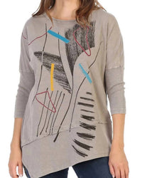 Jess & Jane Strings Mineral Washed Dolman Sleeve Cotton Top - Plus in taupe - women's blouse - detail view