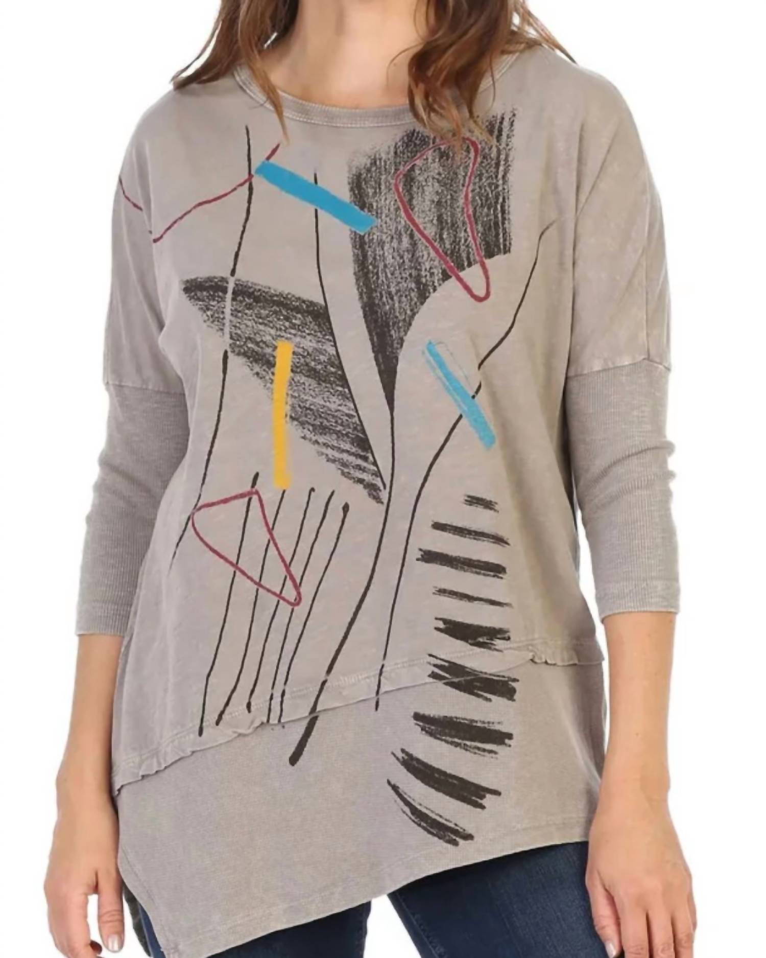 Jess & Jane Strings Mineral Washed Dolman Sleeve Cotton Top - Plus in taupe - women's blouse - detail view