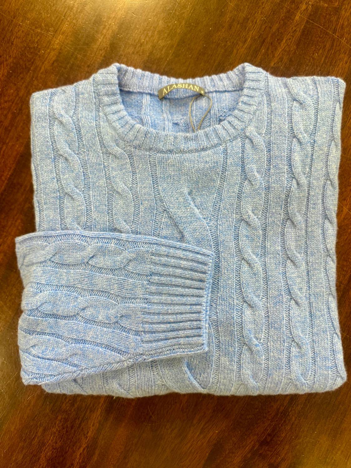 Alashan Cashmere Men's Cable Crew Neck Sweater in dock side - men's sweater