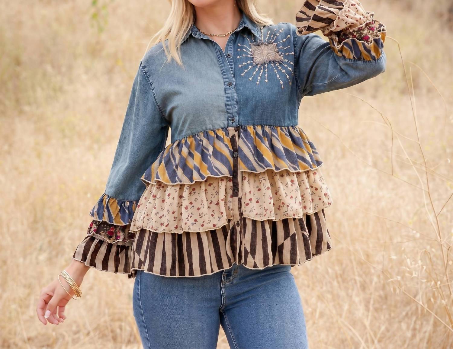 Young Threads - Vintage Boho Denim Yoke Patchwork Tiered Tunic Top