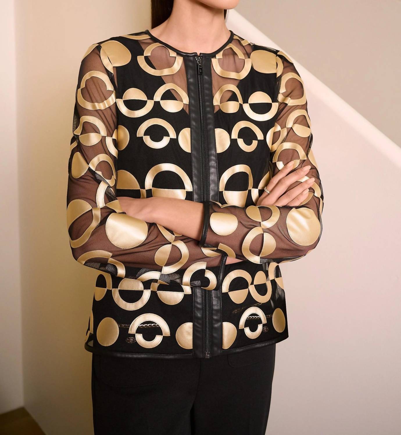 Joseph Ribkoff - Geometric Faux Leather Mesh Jacket