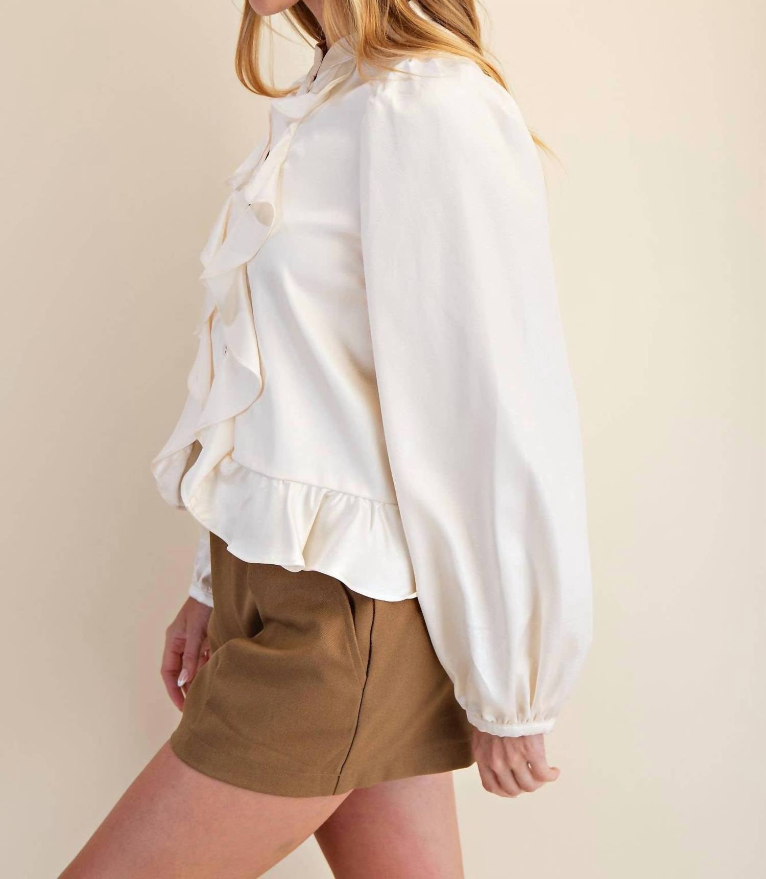 GLAM Long Sleeve Ruffle Top in cream - women's long sleeve top - alternate view