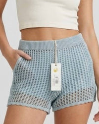Vintage Havana High Waist Crochet Short in dusty blue - women's shorts - detail view