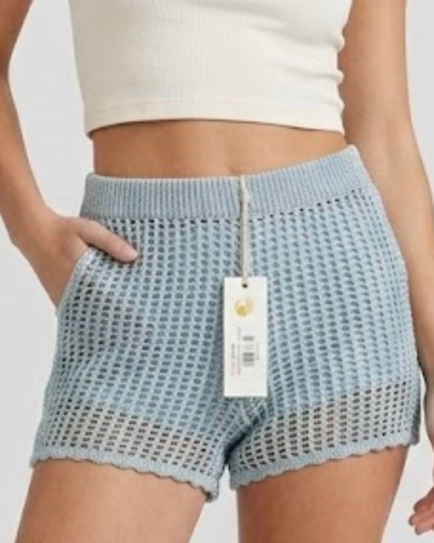 Vintage Havana High Waist Crochet Short in dusty blue - women's shorts - detail view